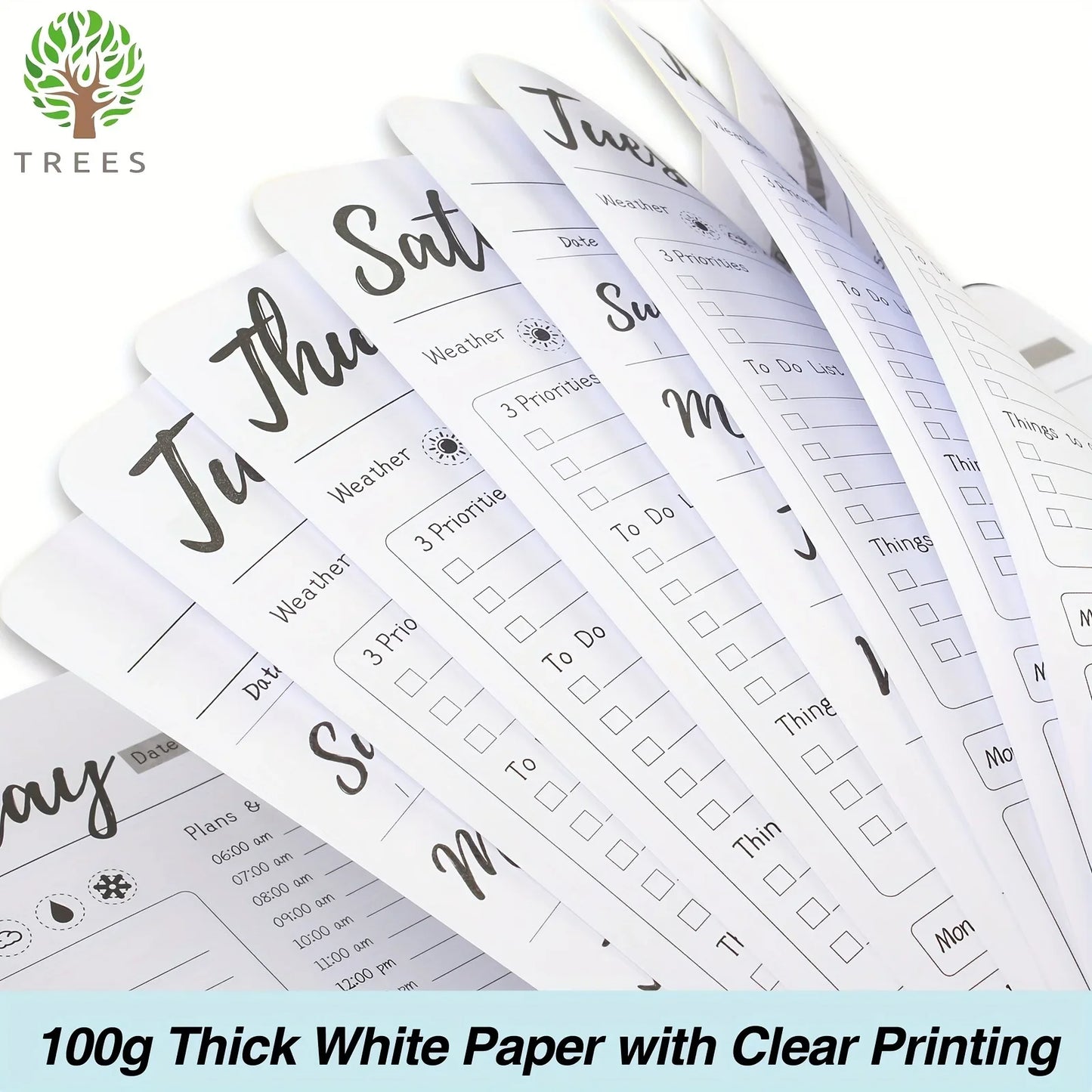 Carnet de notes hebdomadaire non daté de 7 jours avec calendrier horaire, plan de repas, traqueur de dépenses et traqueur d'admission d'eau