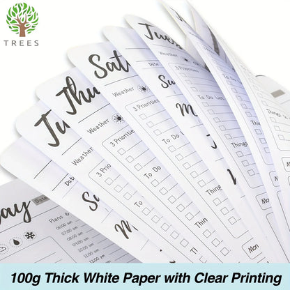 Carnet de notes hebdomadaire non daté de 7 jours avec calendrier horaire, plan de repas, traqueur de dépenses et traqueur d'admission d'eau