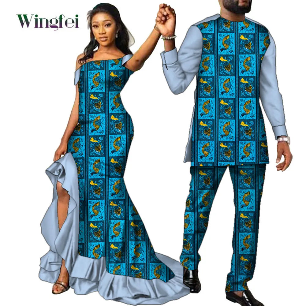 Vêtements de Couple Africains à Imprimé Ankara pour Femme et Homme, Robes sulfMaxi, Dashiki Imbibé, Tenue Amoureux, WYQ567