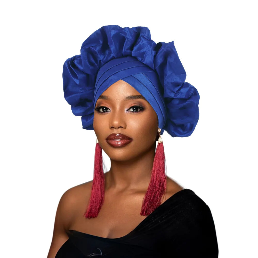 Nouveau bonnet Turban à volants pour femmes, couvre-chef en soie brute africaine, automne, Nigeria, Gele de mariage, bandeau de fête, couvre-chef pour dame