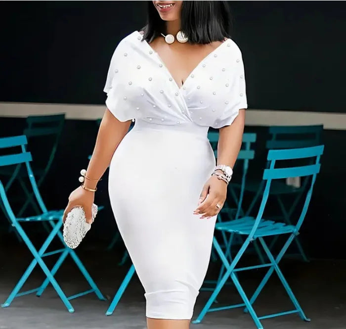 Robe de soirée à la mode pour femmes, Sexy, col en V, robes élégantes aux hanches, couleur unie, Slim, tenue de bureau, été, 2025