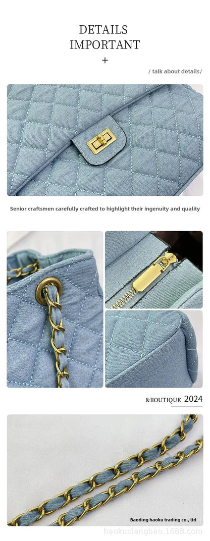 Sac à bandoulière en chaîne en Denim tendance, polyvalent, à motifs de diamants, forme carrée douce, Style minimaliste neutre, Linin en Polyester