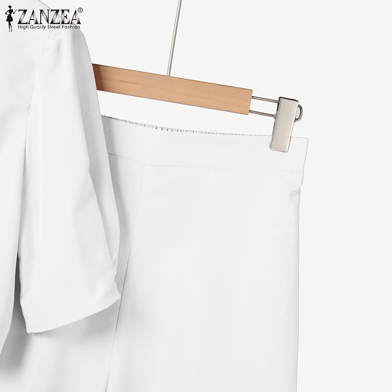 BS -  rue mode femme 2 pièces ensembles élégant manches courtes bouffantes haut court pantalon à jambes larges 2 pièces tenue élégant bureau pantalon ensembles