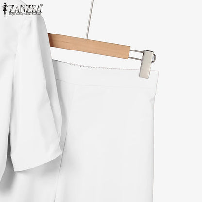 BS -  rue mode femme 2 pièces ensembles élégant manches courtes bouffantes haut court pantalon à jambes larges 2 pièces tenue élégant bureau pantalon ensembles