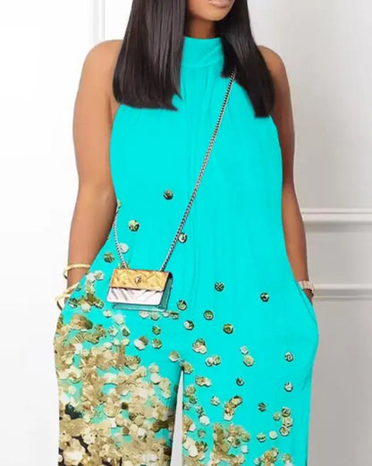 Combinaison décontractée à col montant pour femme, fibres de poche, imprimé abstrait, non commandé, jambe large, 03, 2023