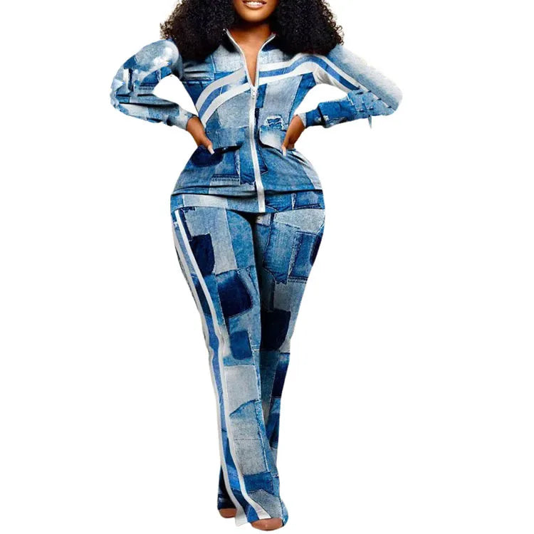 BERAKAH SUPRÊME - ensemble deux pièces femmes tenue automne Denim Look imprimé fermeture éclair conception col montant à manches longues haut et pantalons décontractés ensemble