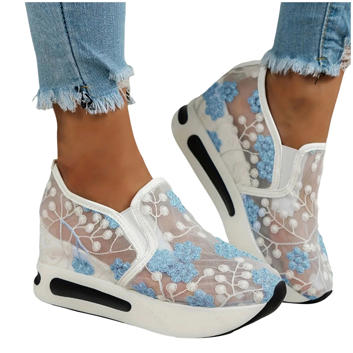 Baskets pour femmes dames mode respirant dentelle maille fleur broderie tête ronde fond épais chaussures d'été pour femmes