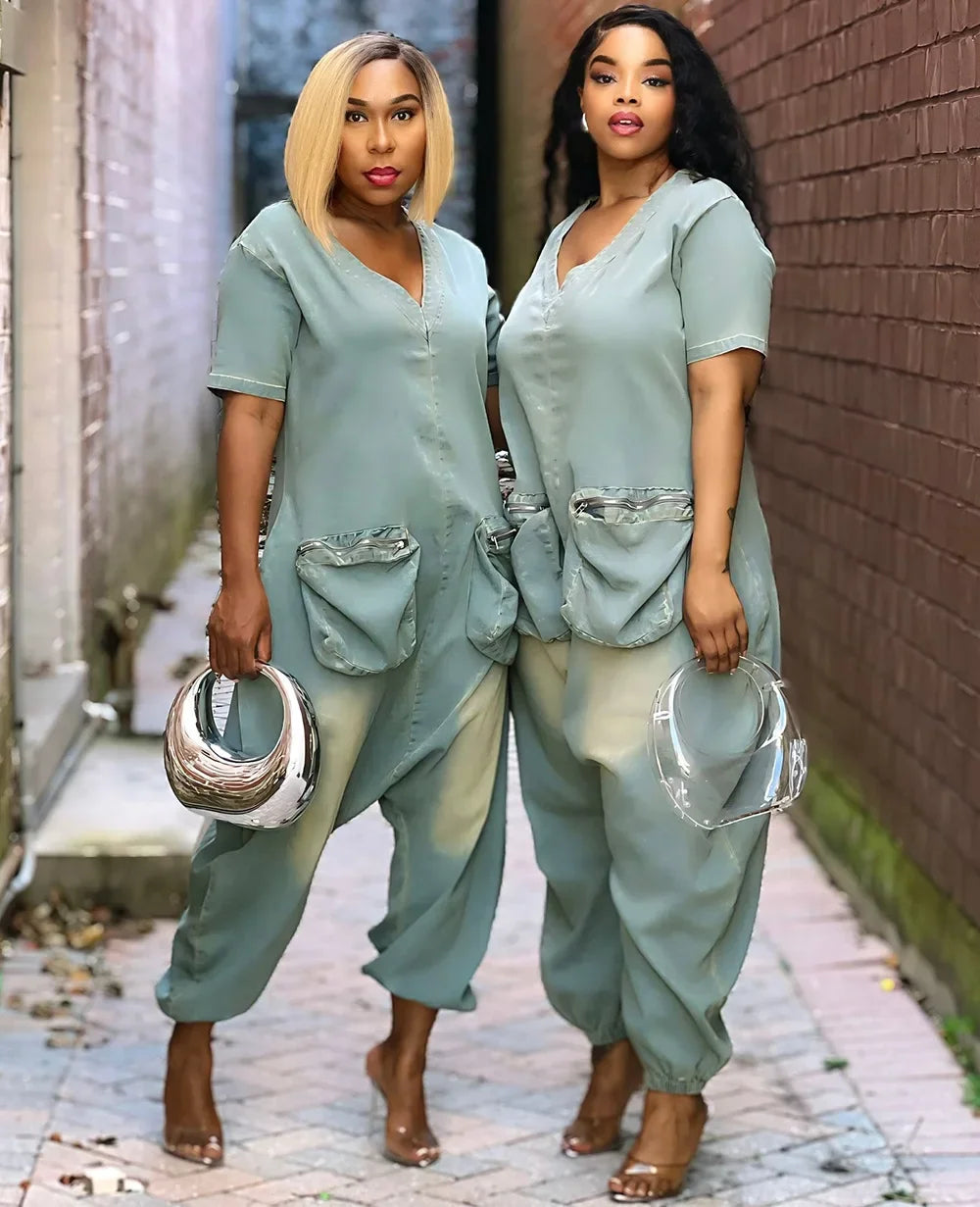 Combinaisons d'automne pour femmes, manches courtes, jean ample, délavé, une pièce, poches, Cargo, barboteuse à la mode