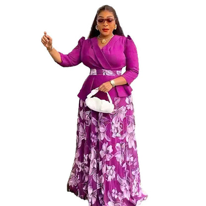 Vêtements africains 2 pièces pour femmes, mode d'été, demi-manches, col en v, haut imprimé en Polyester, jupe longue, ensembles assortis, 2025