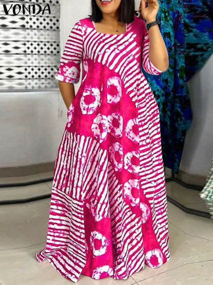Grande taille femmes bohème Maxi Robe 2025 été imprimé longue Robe d'été VONDA plage fête robes demi manches décontracté Robe ample