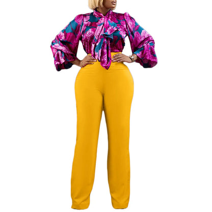 Ensemble chemise à manches longues et pantalon large pour femme, décontracté, imprimé, élégant, mode, automne, hiver, nouveau, 2 pièces