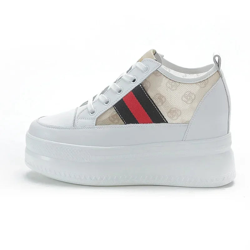 9cm femmes chaussures grosses baskets Air maille évider en cuir véritable blanc chaussures compensées plate-forme talon pompes Mujer Bombas