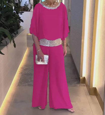 Femmes paillettes Patchwork ample chauve-souris Blouse pantalon ensembles 2 pièces vente rose chemisier ample et jambe large pantalon ample costumes NMD- 250310004
