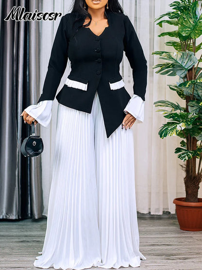 Mlaiscsr manches évasées bouton Blazer chemise hauts et pantalons à jambes larges plissés 2 deux pièces ensembles femmes élégant bureau dames tenues