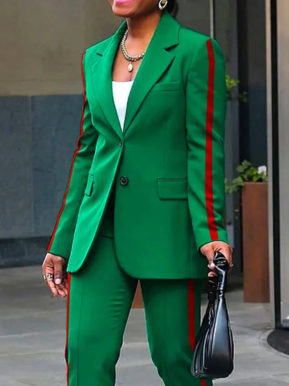 Freeacy 2025 nouveau Blazer décontracté pour femmes manteau Blazer vert à rayures latérales et pantalon taille haute vêtements de banlieue féminins