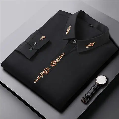 Chemise à manches longues brodée intelligente et décontractée, hauts printemps-automne, col Polo, ample, grande taille, chemisier Vintage, mode tendance, vêtements pour hommes