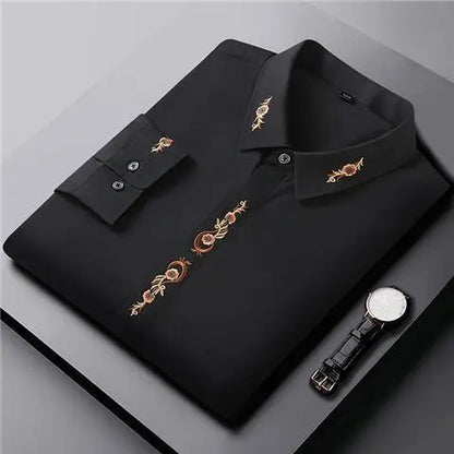 Chemise à manches longues brodée intelligente et décontractée, hauts printemps-automne, col Polo, ample, grande taille, chemisier Vintage, mode tendance, vêtements pour hommes