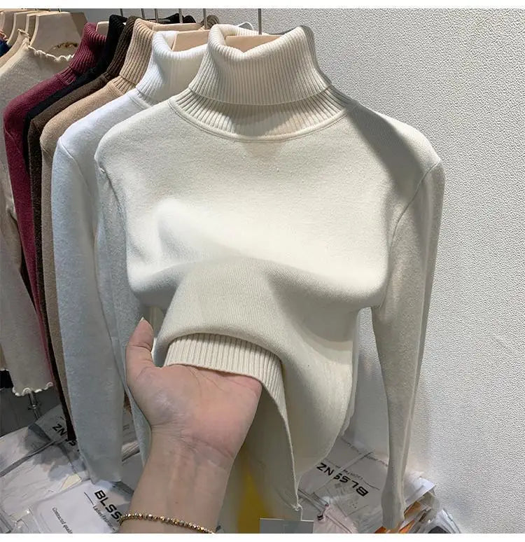 Pull épais à col haut pour femme, haut d'hiver chaud et doux, couleur unie, vêtements intérieurs, chemise à bascule, nouvelle collection 2025