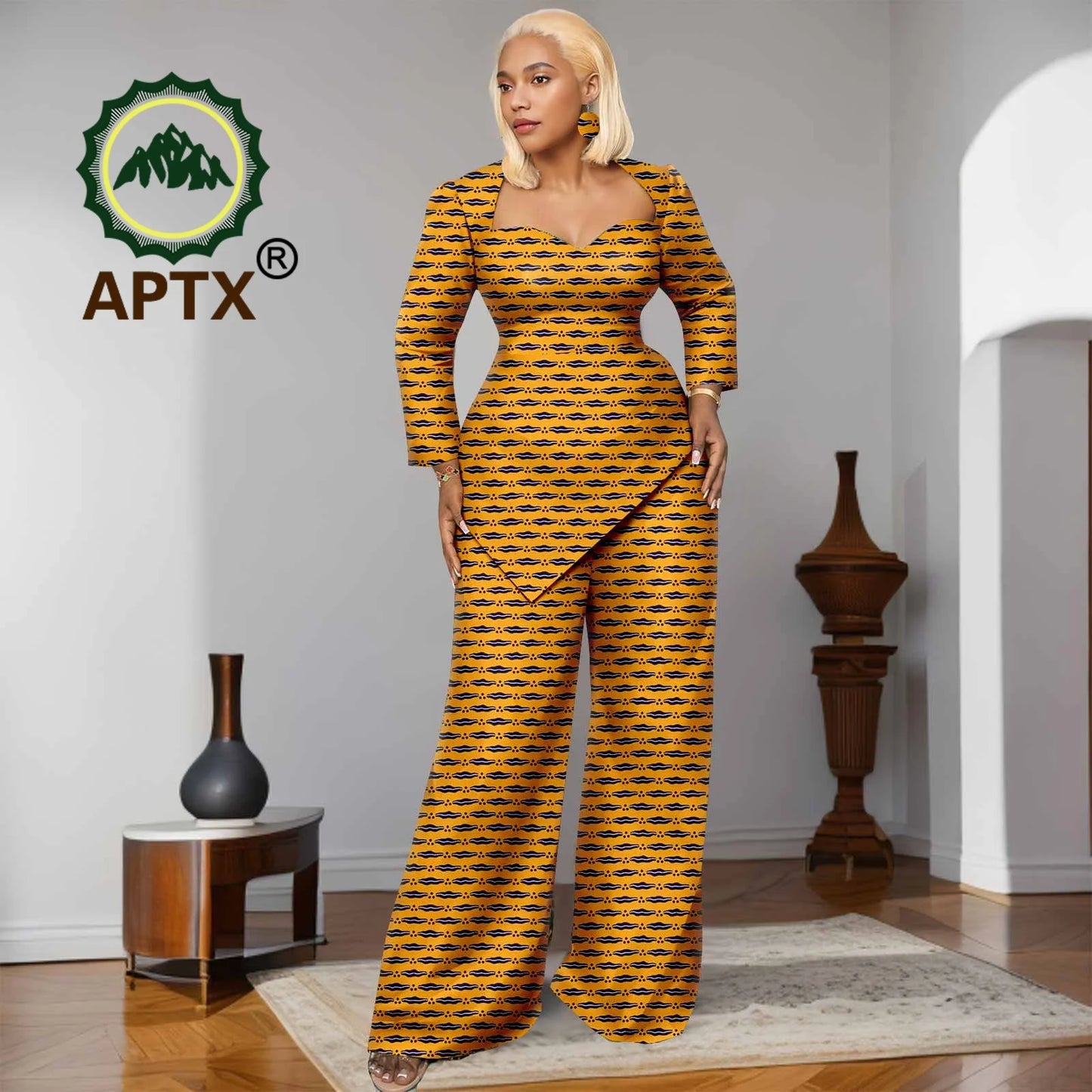 Ensemble deux pièces imprimé africain Ankara pour femmes, haut à manches neuf quarts et pantalon longueur au sol, ensemble décontracté Dashiki avec boucles d'oreilles