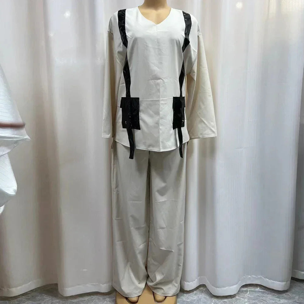 Ensemble deux pièces africain pour femme, pantalon long, ample, noir, poche, col en V, manches longues, grande taille, costume de vacances, sexe, nouveau, 2024