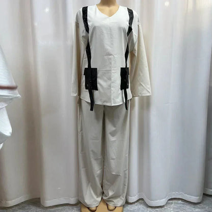 Ensemble deux pièces africain pour femme, pantalon long, ample, noir, poche, col en V, manches longues, grande taille, costume de vacances, sexe, nouveau, 2024