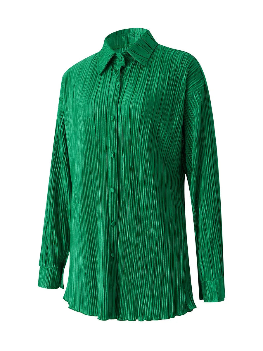 Ensemble de vêtements décontractés pour femmes, chemise froncée à manches longues, boutonnée et short, 2 pièces