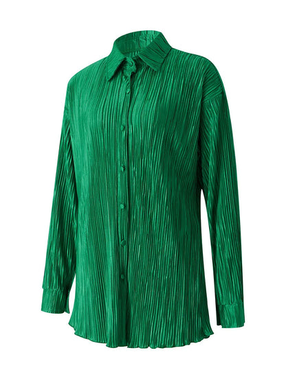 Ensemble de vêtements décontractés pour femmes, chemise froncée à manches longues, boutonnée et short, 2 pièces