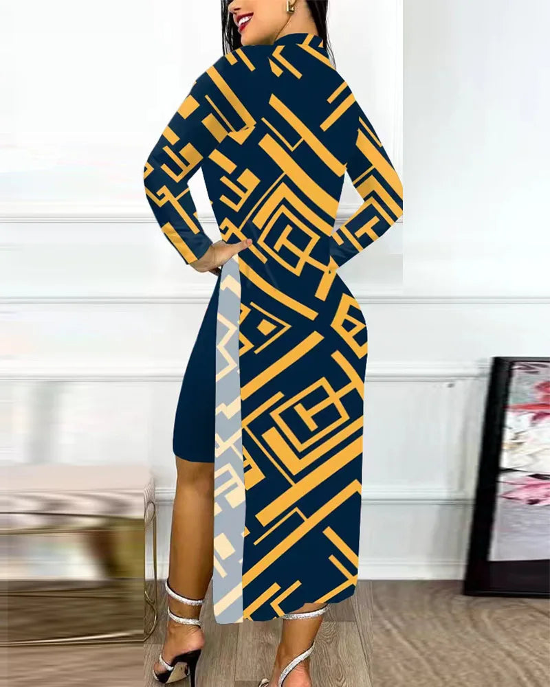 Robe décontractée à manches longues et col rond pour femme, tenue de bureau élégante, mode printemps-automne, imprimé géométrique, fente latérale, 2023