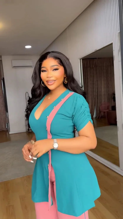 BERAKAH SUPRÊME -Haut rigide à col en V avec pantalon à jambes larges en Patchwork, ensemble deux pièces de Style africain, tenue d'affaires pour femmes, tenues d'été pour femmes