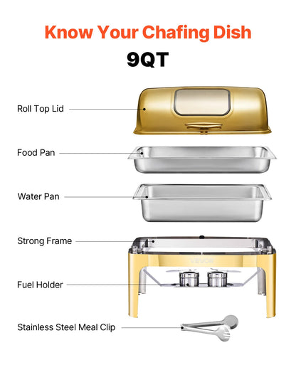 VEVOR Chauffe-Plat Rectangulaire 8,5 L, Buffet Chauffant avec Couvercle Rabattable Visible, Réchaud en Inox avec Bac Pleine Taille, pour Buffet Libre-Service Hôtel Traiteur Restauration, Doré