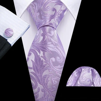 Barry.Wang violet lilas lavande soie hommes cravate mouchoir bouton de manchette ensemble Jacquard cravate florale pour homme mariage fête d'affaires