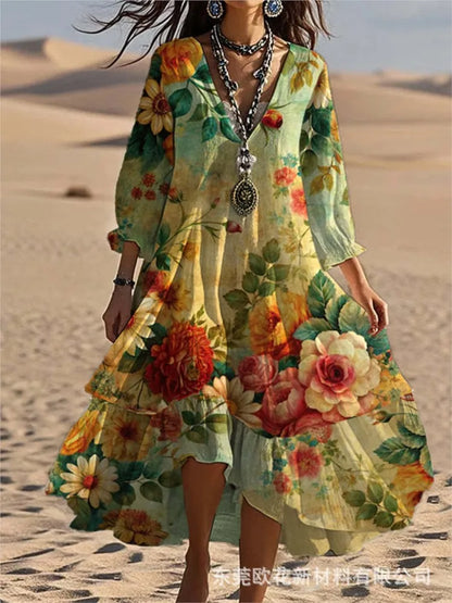 Robe décontractée pour femmes, ample, rétro, imprimé, manches 7-quarts, mode printemps-automne, élégante, bord de mer, vacances, 2025