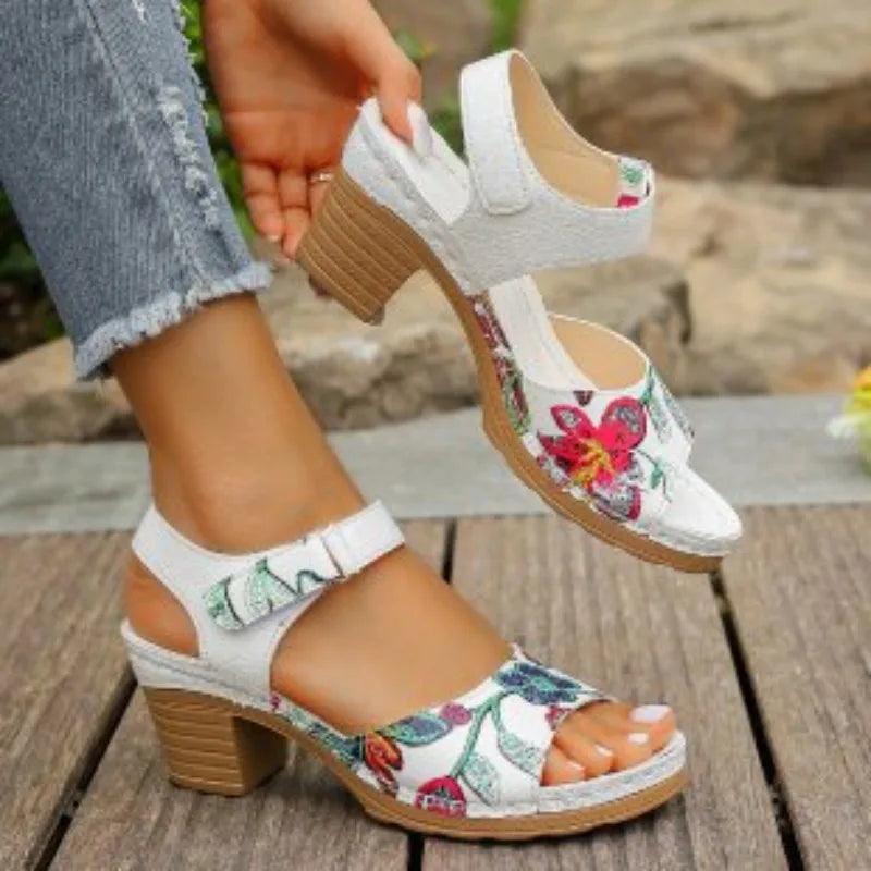 Sandales à talons hauts et bout ouvert pour femmes, chaussures de gladiateur d'été, plateforme à talons épais, sandales à fleurs pour dames