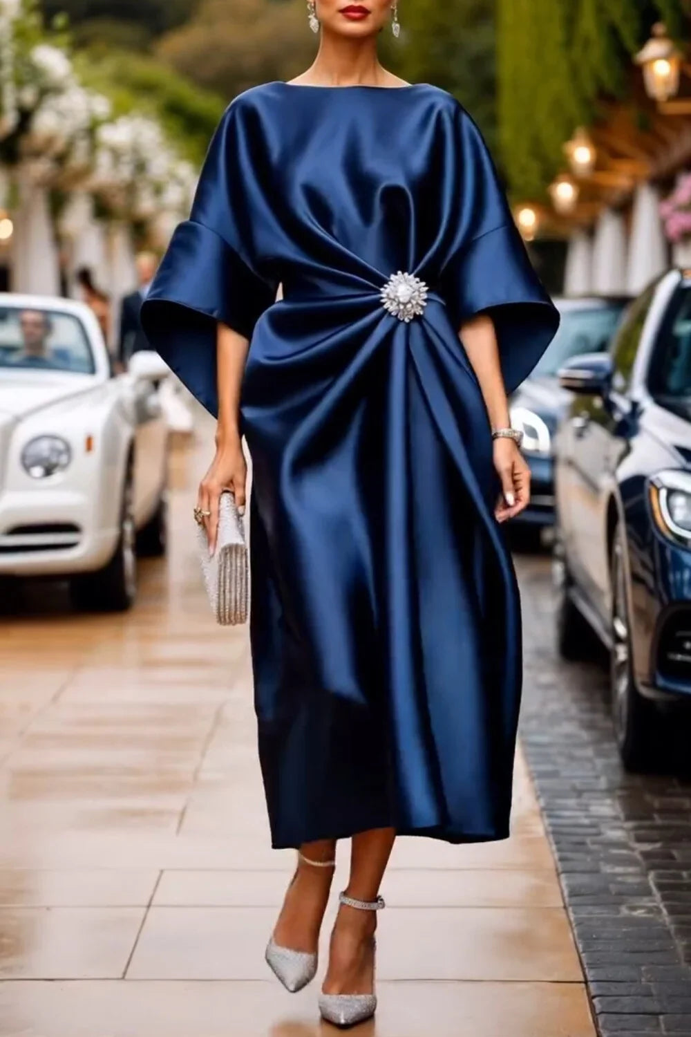 Robe d'invité de mariage élégante pour femmes, Champagne, col rond évasé, manches 3/4, nœud à paillettes, robes mi-longues en Satin pour soirée Cocktail