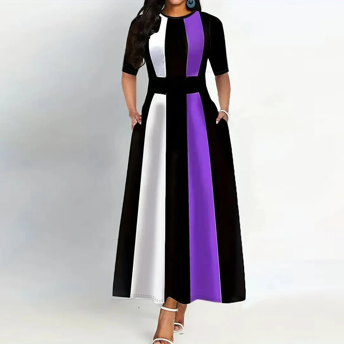 Robe à col rond bloc de couleurs, robe Vintage à manches courtes pour le printemps et l'été, vêtements pour femmes