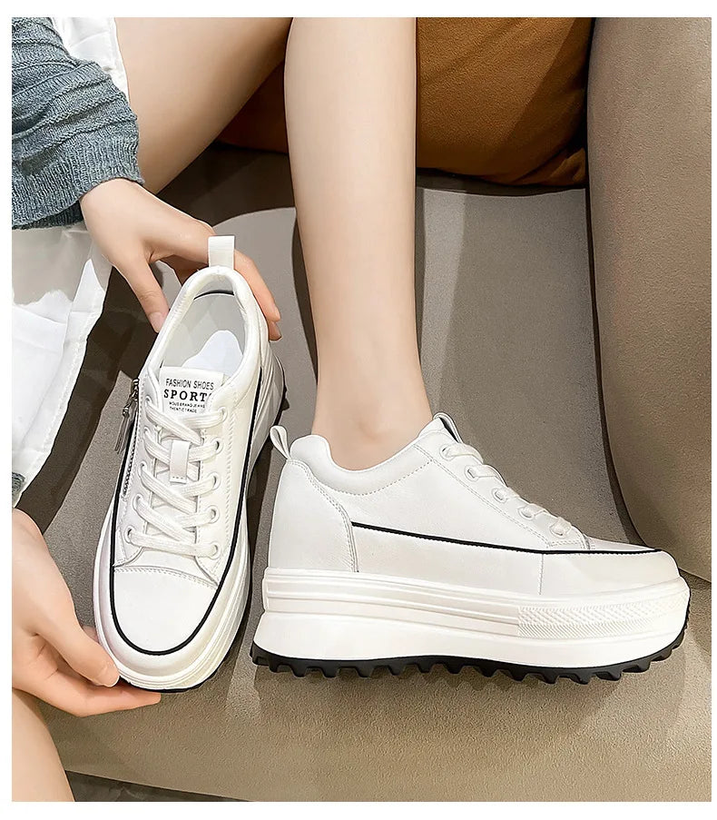 Fujin 7 cm en cuir véritable femmes chaussures décontractées 7 cm plate-forme compensée femme mode baskets gros printemps automne chaussures été