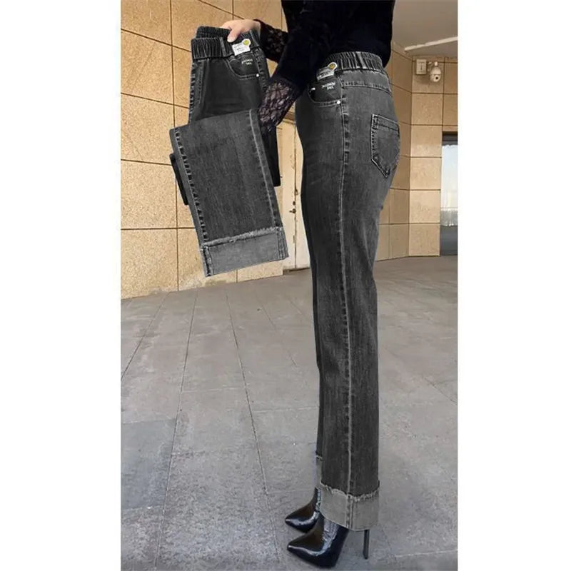 Jean femme d'âge moyen printemps automne taille extensible pantalon en Denim droit grande taille ample taille haute décontractée noir bleu pantalon