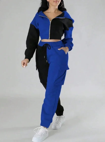 veste sport deux pièces ample pour femmes, ensemble assorti, survêtement à capuche, fermeture éclair bloquée, vêtements d'extérieur courts, pantalon Cargo avec cordon de serrage, automne hiver