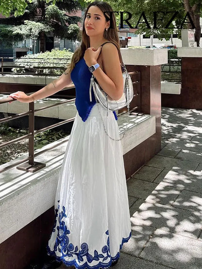 TRAFZA – ensemble 2 pièces pour femmes, chemise ample à simple boutonnage brodée bleue + jupe de rue plissée ample taille haute Chic