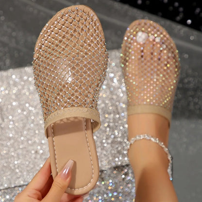 Pantoufles d'été à tête ronde pour femmes, pantoufles plates avec diamant d'eau, sandales antidérapantes pour la maison, nouvelle collection 2024