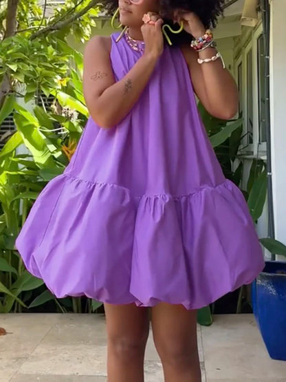 Krisstargirl femmes été bulle Mini robe 2025 taille haute sans manches jupe évasée coton robes courtes décontractées pour femme