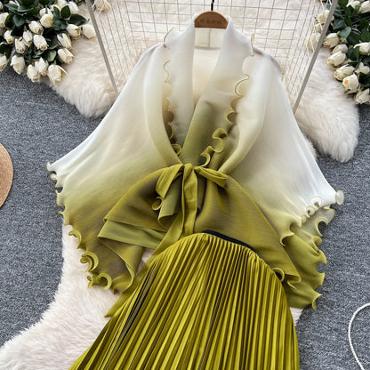 Miyake pli changement progressif couleur bord ondulé costume soleil jupe plissée à la mode et élégant deux pièces ensembles tenues pour femmes