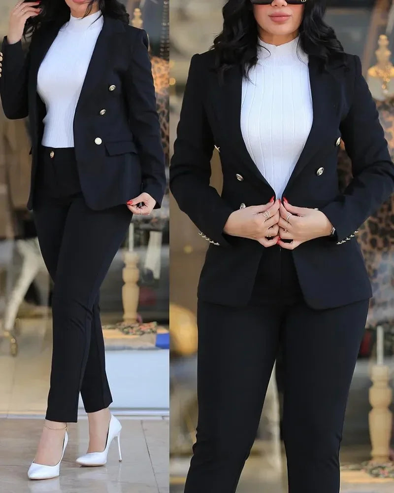 Blazer à manches longues et pantalon de travail taille haute pour femme, ensemble 2 pièces, col cranté, élégant, dame de bureau, mode, automne