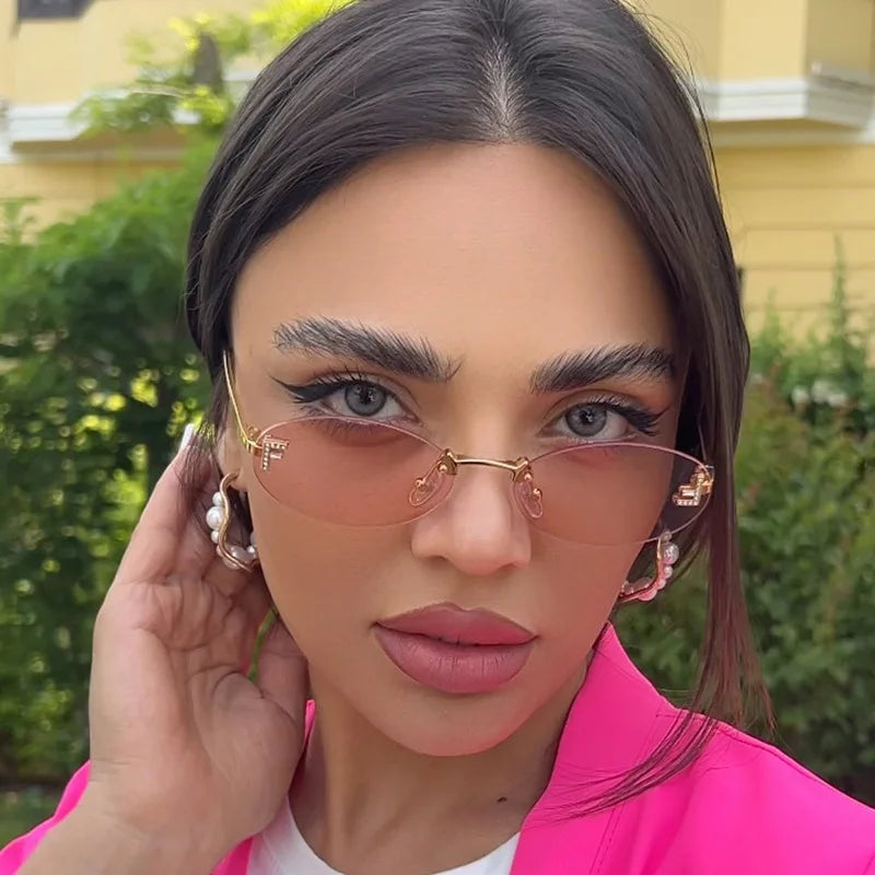 Lunettes de soleil noires sans bords avec petite lettre ovale en diamant «F» pour femmes, marque de luxe, monture métallique, lunettes de soleil Unsiex, nuances élégantes UV400