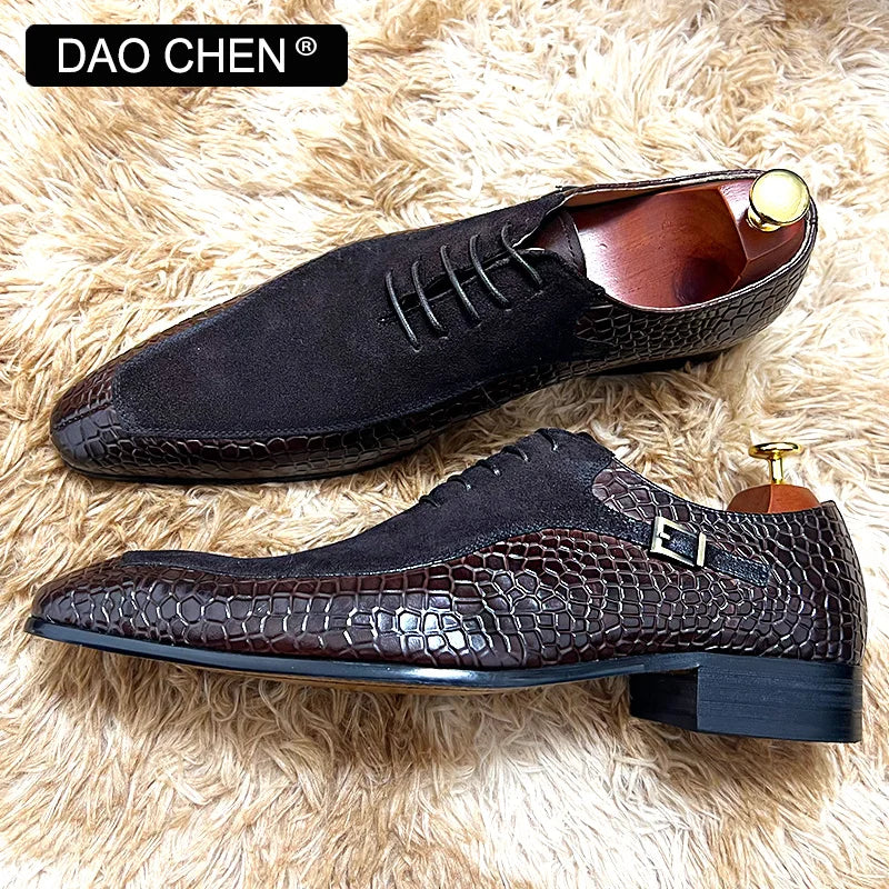 Hommes de luxe Oxford chaussures à lacets bout fendu noir marron hommes chaussures habillées daim Patchwork Crocodile imprime chaussures en cuir hommes