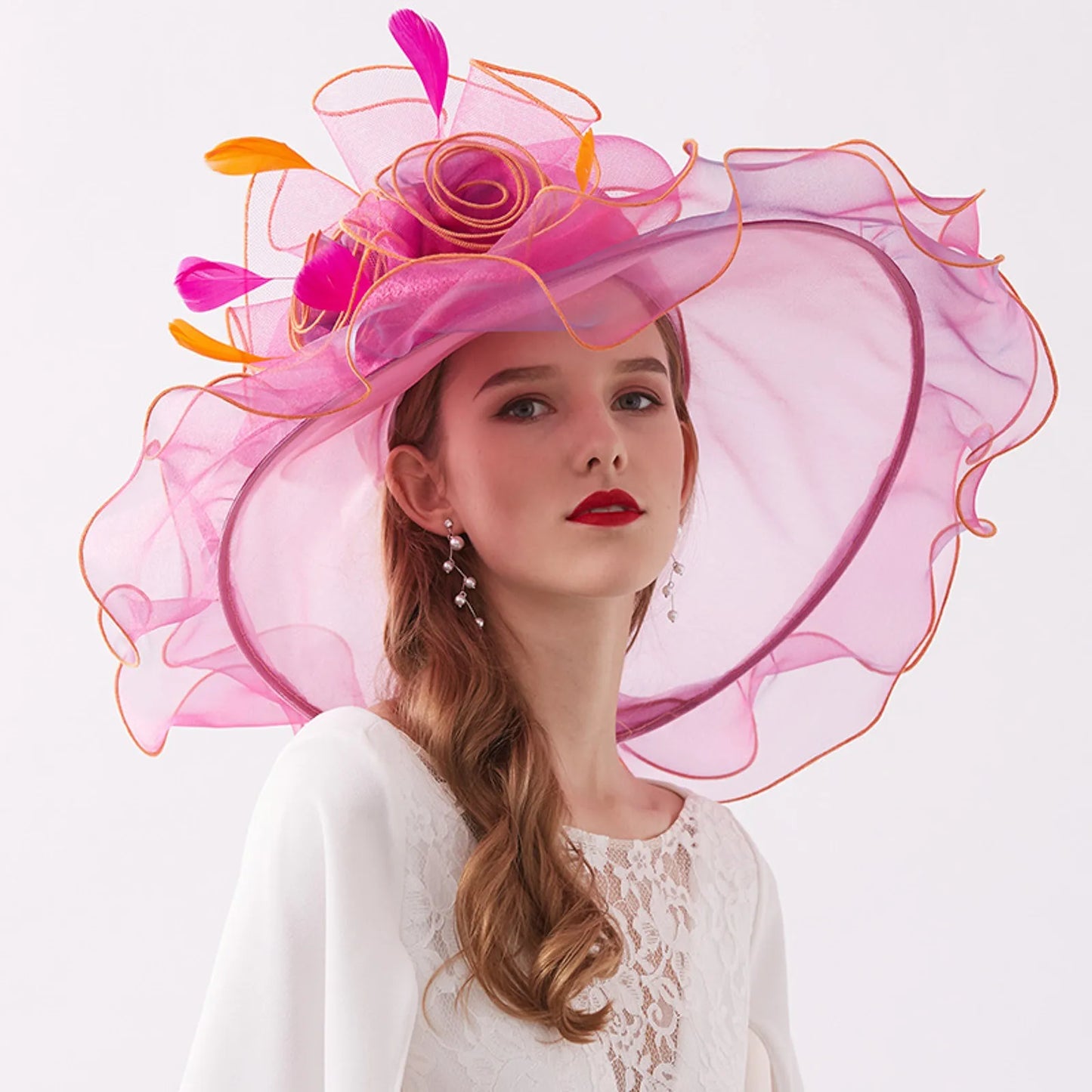Femmes élégantes chapeau de soleil Organza Fedoras été chapeaux de soleil femmes Kentucky Derby large bord casquette de plage mariage Cocktail thé fête chapeaux