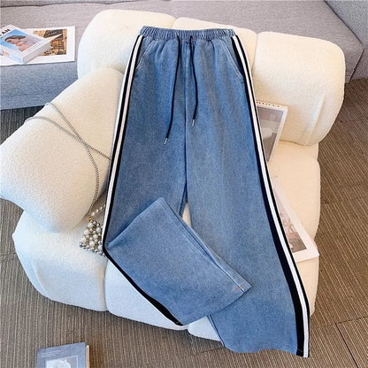 Ensemble pantalon femmes deux pièces ensembles Denim épissure fermeture éclair ensembles assortis manteaux décontractés jambe large pantalons longs à lacets taille élastique 2025