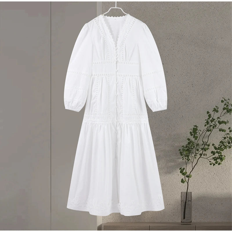 Robe longue en dentelle ajourée pour femmes, élégante, couleur unie, col en v, Patchwork, manches bouffantes, moulante, nouvelle collection printemps 2025