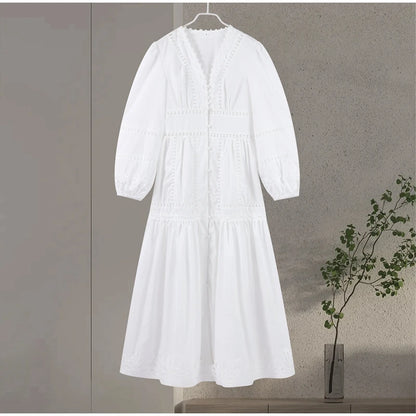 Robe longue en dentelle ajourée pour femmes, élégante, couleur unie, col en v, Patchwork, manches bouffantes, moulante, nouvelle collection printemps 2025