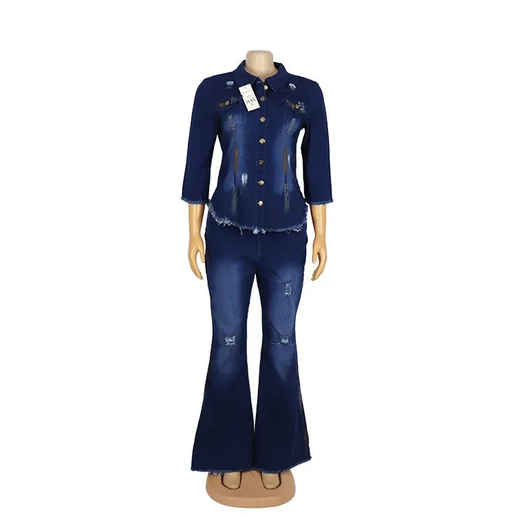 Ensemble deux pièces pour femmes, costume de Cowboy, veste en Jean, simple boutonnage, col rabattu, trou, pantalon évasé, tenues féminines, Ensemble décontracté